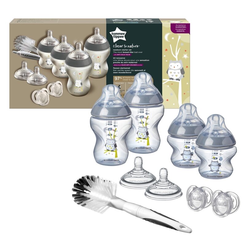 Kit nou-nascut, Closer to Nature, Cu 2x biberoane 150 ml, 2x biberoane 260 ml, 1x suzeta 0-6 luni, 1x perie pentru biberoane si tetine, Tommee Tippee, 0 luni+, Gri