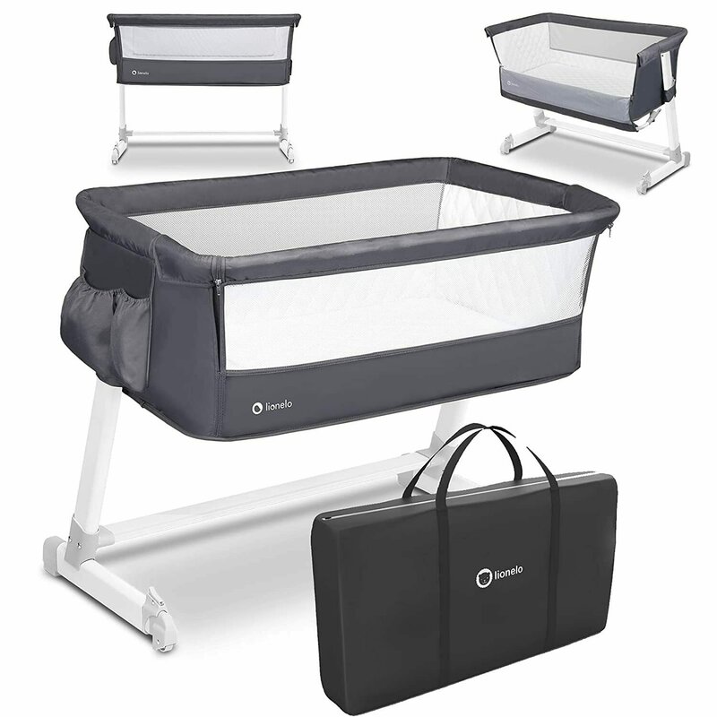 Lionelo - Patut co-sleeper Theo 2 in 1, Cu setare unghiulara, Reglabil in 5 pozitii pe inaltime, Conform cu standardele europeane de securitate EN1130 si EN16890, Dark Grey