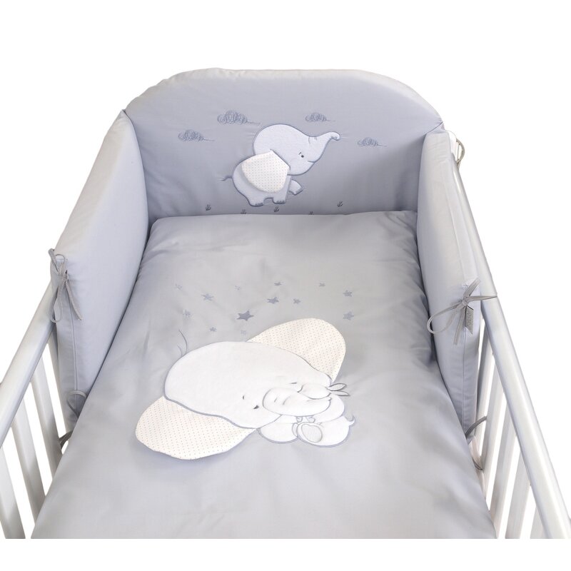 Amy - lenjerie 3 piese cu protectie laterala elefant din bumbac, 120x60 cm, gri