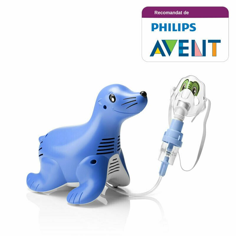 Philips - Aparat de aerosoli cu compresor Sami the Seal, MMAD 2.80?m, Design preferat de copii, Sistem Active Venturi, Profesional