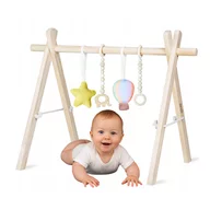 Arcada de activitati Montessori, Lionelo, Anis, Din lemn de pin, Jucarii plus, 4 jucarii suspendate, Stimuleaza simturile, Pliere rapida, 0+ luni, Multicolor
