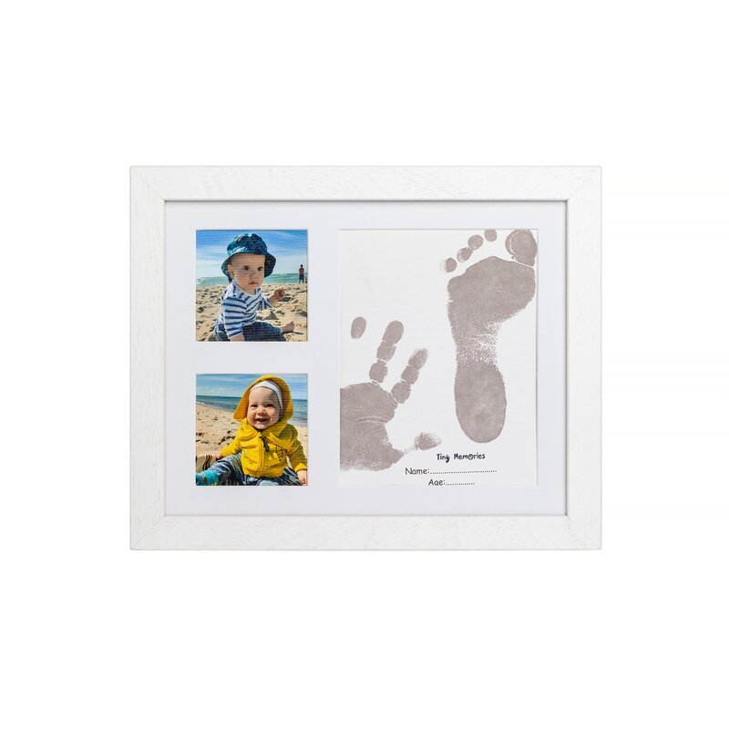 Baby handprint - kit amprente mulaj cu cerneala gri, pentru manuta si piciorus, tiny memories frame, non-toxic, 10x15 cm, alb