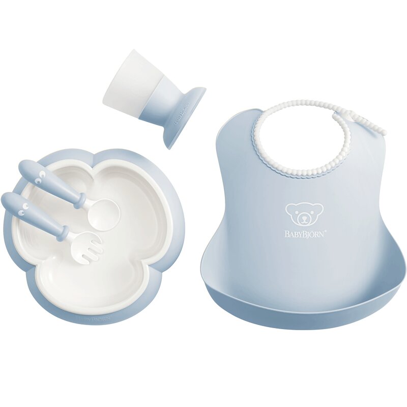 Babybjorn - set de masa powder farfurie, tacamuri, pahar, bavetica, albastru