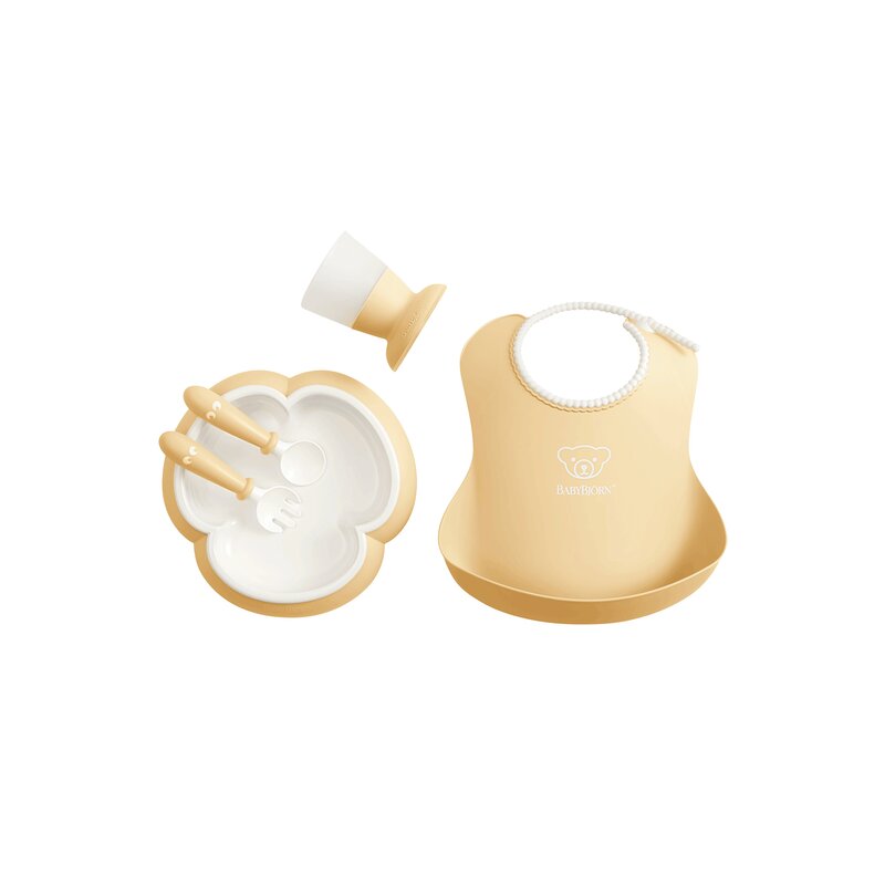 Babybjorn - set de masa powder farfurie, tacamuri, pahar, bavetica, galben
