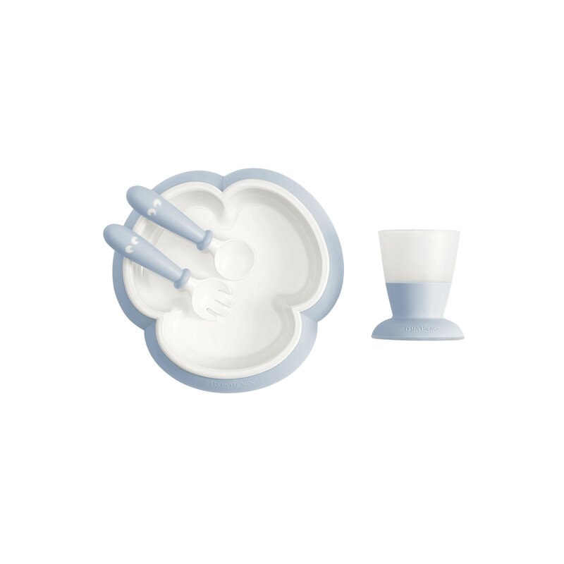 Babybjorn - set de masa farfurie , powder , cu lingurita, cu furculita, cu pahar, albastru