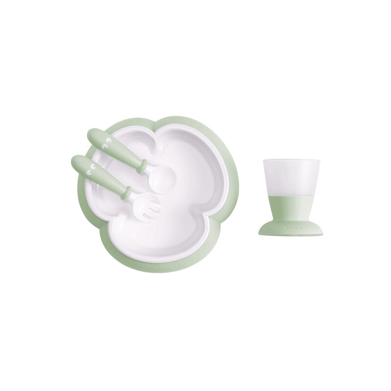 Babybjorn - set de masa farfurie , powder , cu lingurita, cu furculita, cu pahar, verde