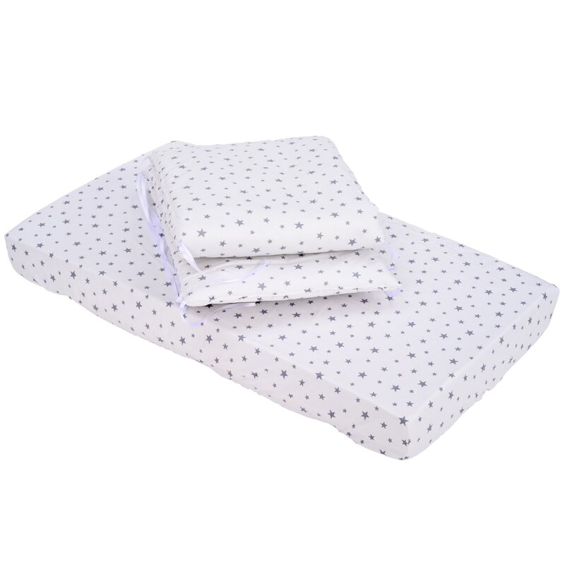 Babyneeds - lenjerie patut 2 piese, cu protectie laterale, cearceaf, din bumbac, pentru patut 90x50 cm, stelute gri