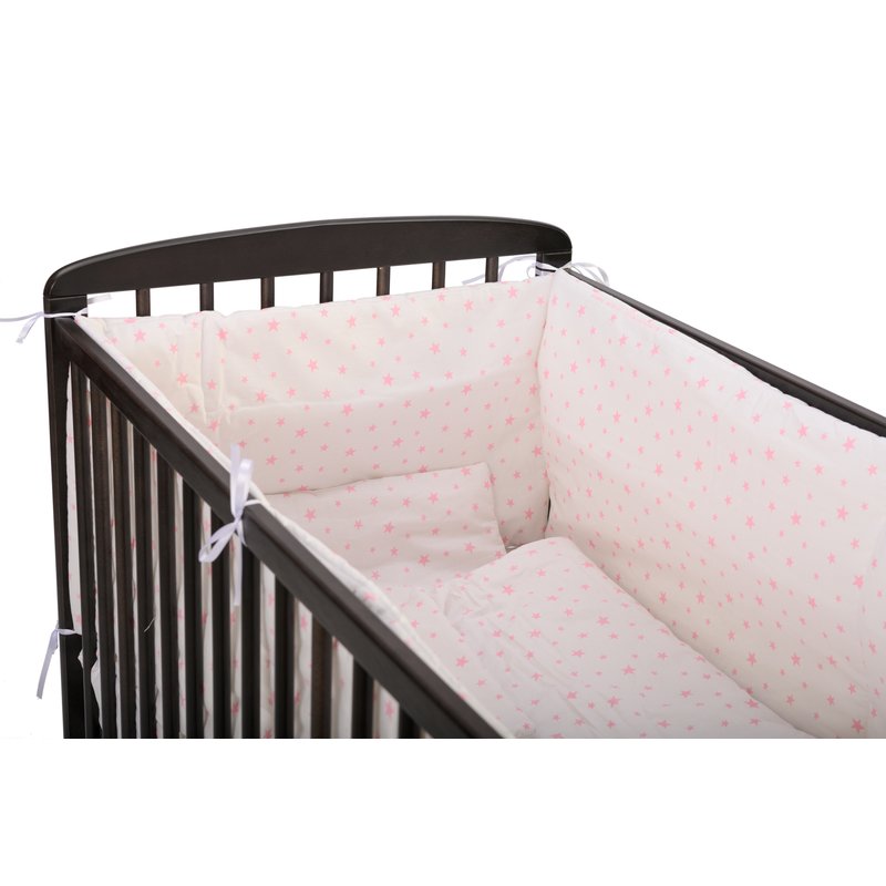 Babyneeds - lenjerie patut 5 piese, cu doua protectii laterale, pernuta, plapumioara, cearceaf, din bumbac, pentru patut 120x60 cm, alb cu stelute roz