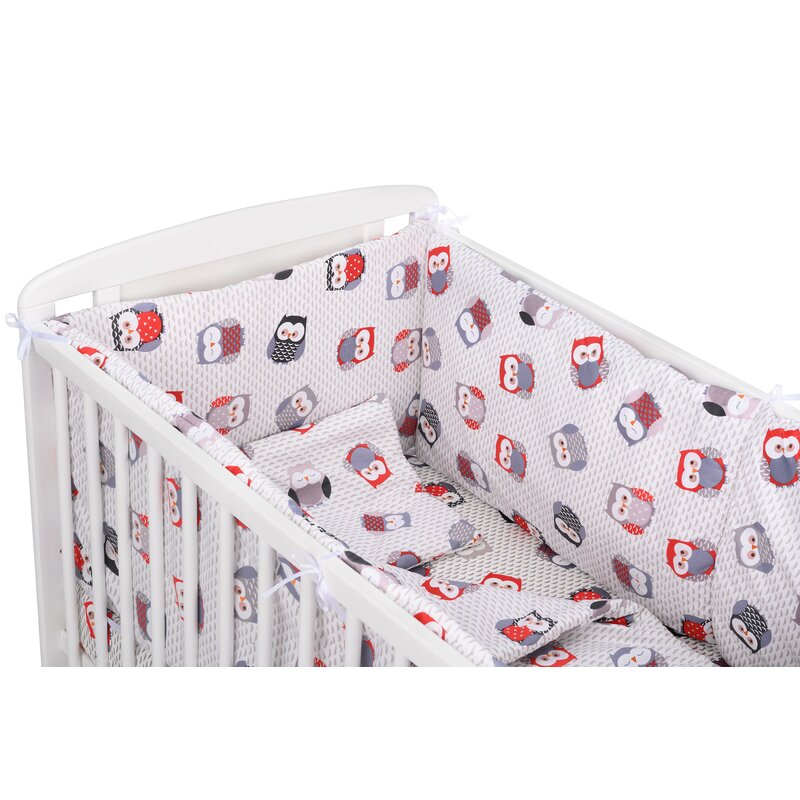 Babyneeds - lenjerie patut 5 piese, cu doua protectii laterale, pernuta, plapumioara, cearceaf, din bumbac, pentru patut 120x60 cm, bufnite, gri-rosu