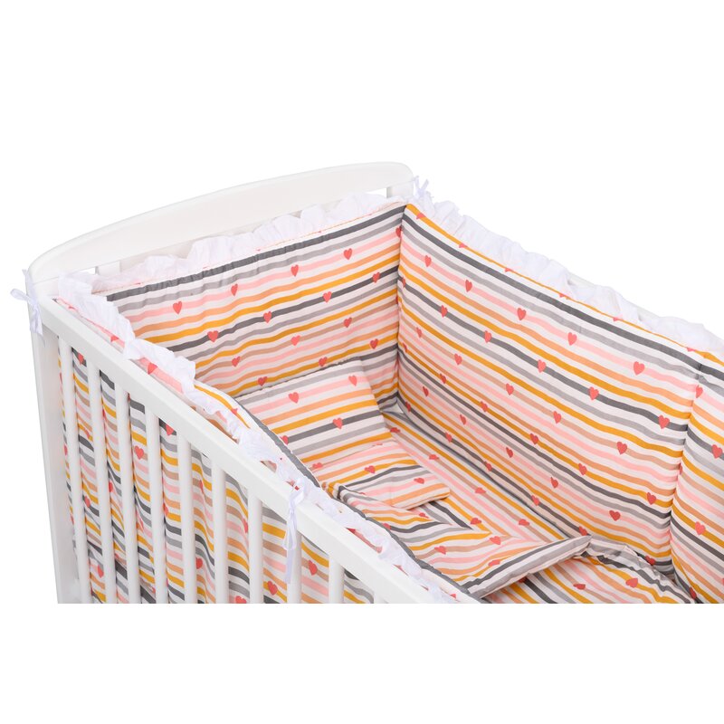 Babyneeds - lenjerie patut 5 piese, cu doua protectii laterale, pernuta, plapumioara, cearceaf, din bumbac, pentru patut 120x60 cm, cu volanas, inimioare, dungi multicolore