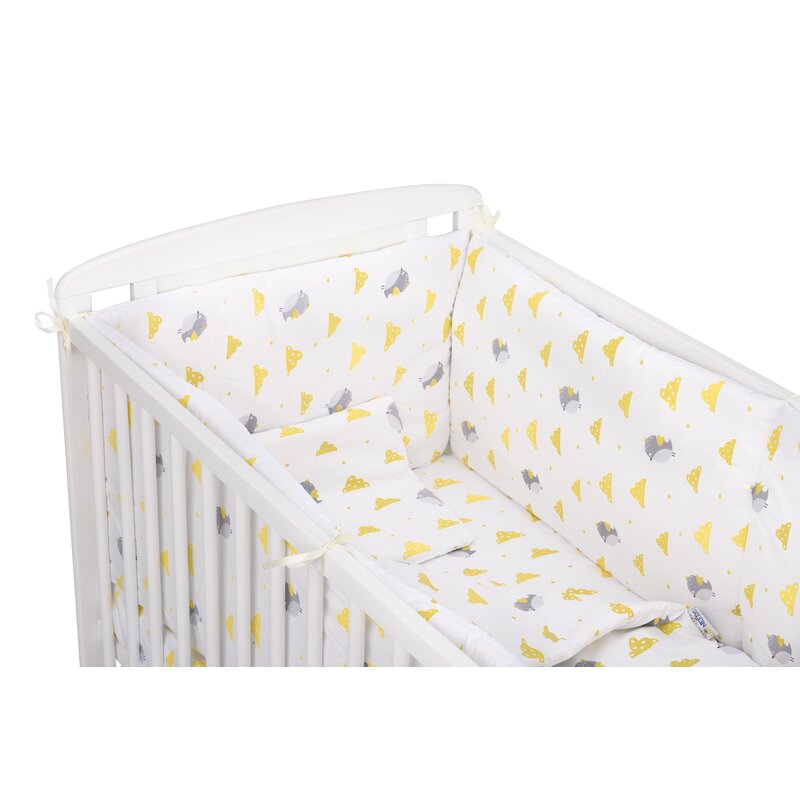 Babyneeds - lenjerie patut 5 piese, cu doua protectii laterale, pernuta, plapumioara, cearceaf, din bumbac, pentru patut 120x60 cm, vrabiute, gri-galben