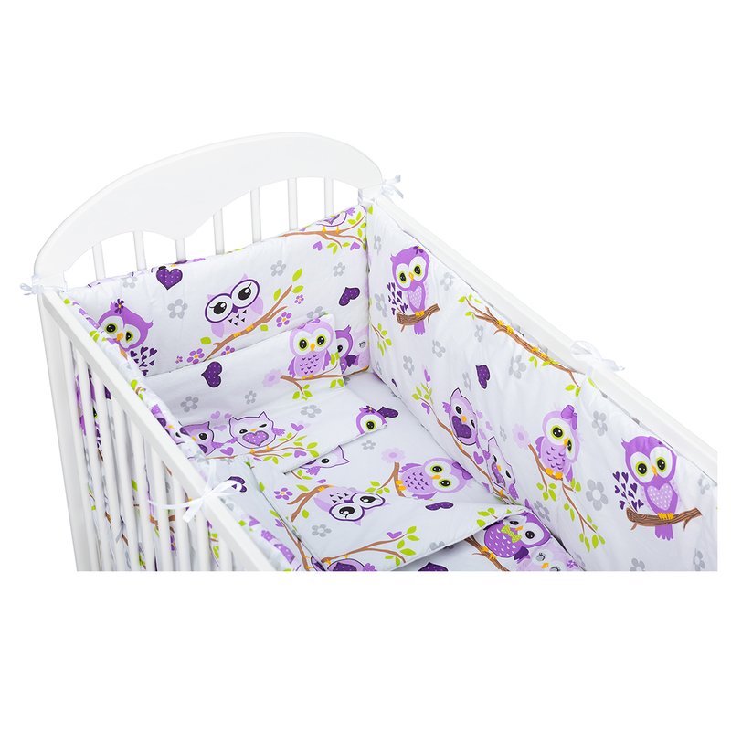 Babyneeds - lenjerie patut 5 piese, cu doua protectii laterale, pernuta, plapumioara, cearceaf, din bumbac, pentru patut 120x60 cm, bufnite, mov