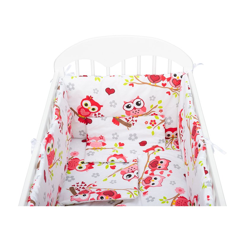 Babyneeds - lenjerie patut 5 piese, cu doua protectii laterale, pernuta, plapumioara, cearceaf, din bumbac, pentru patut 120x60 cm, bufnite, rosu