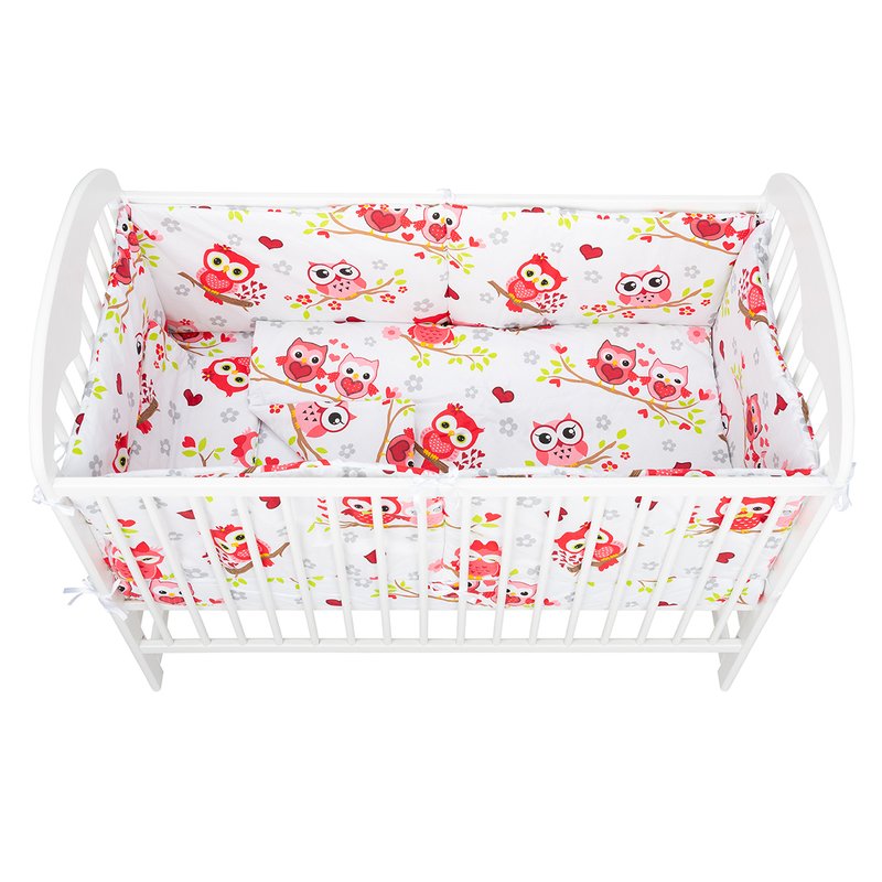 BabyNeeds - Lenjerie patut 5 piese, Cu doua protectii laterale, Pernuta, Plapumioara, Cearceaf, Din bumbac, Pentru patut 120x60 cm, Bufnite, Rosu