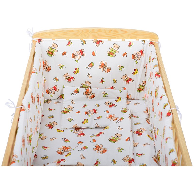 BabyNeeds - Lenjerie patut 5 piese 120x60 cm, Ursuleti jucausi, Alb-Rosu