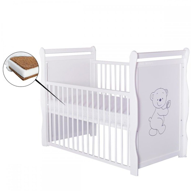 BabyNeeds - Patut din lemn Jas Ursulet 120x60 cm, cu laterala culisanta si roti, Alb + Saltea 10 cm