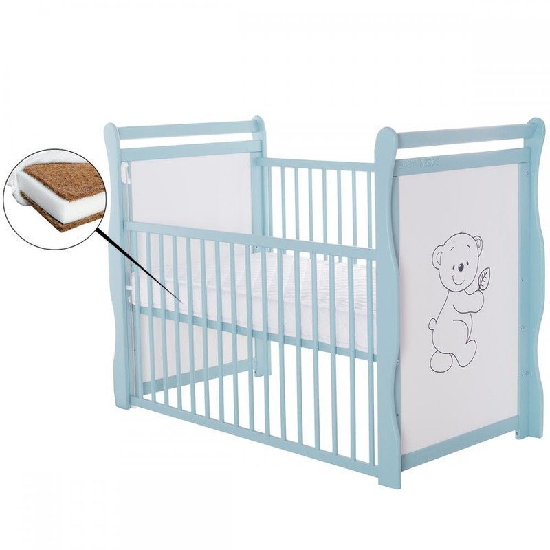 BabyNeeds - Patut din lemn Jas Ursulet 120x60 cm, cu laterala culisanta si roti, Mint + Saltea 8 cm