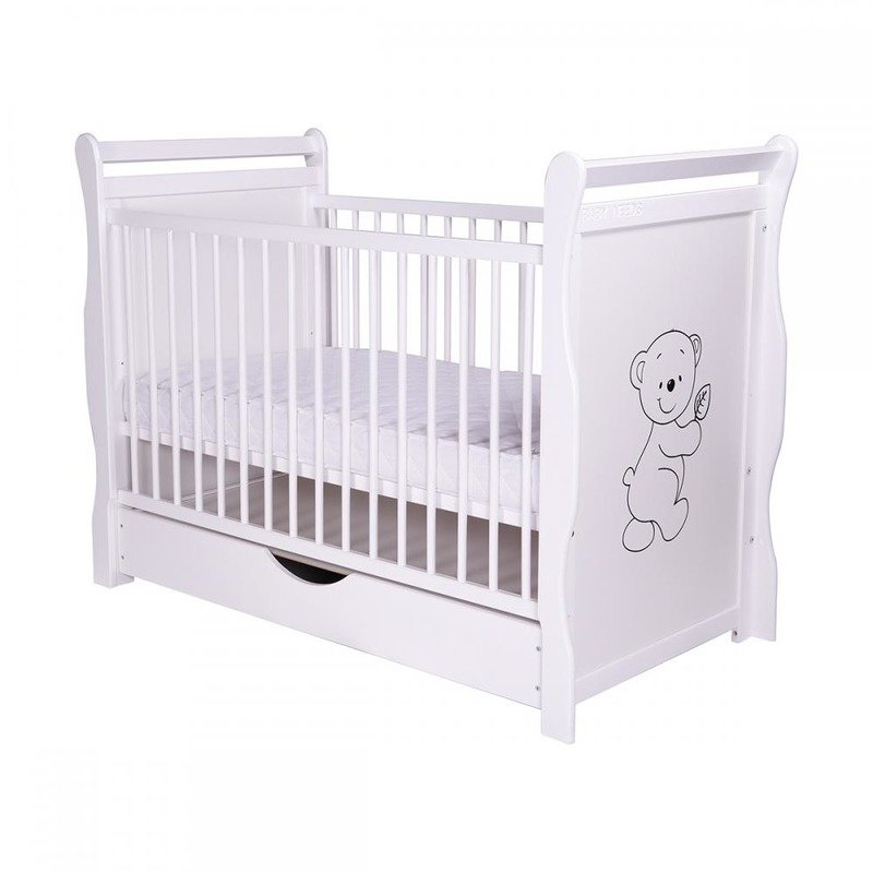 BabyNeeds - Patut din lemn Jas Ursulet 120x60 cm, cu sertar si roti, Alb