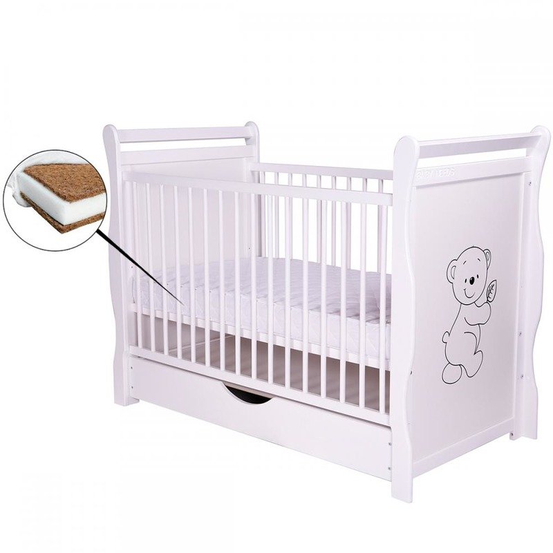 BabyNeeds - Patut din lemn Jas Ursulet 120x60 cm, cu sertar si roti, Alb + Saltea 10 cm