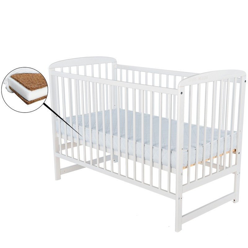 Babyneeds - patut din lemn ola 120x60 cm, din lemn de pin, stabil si rezistent, inaltime saltea reglabila pe 3 nivele, laterala cu 3 bete detasabile, alb + saltea 12 cm