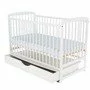Patut din lemn bebe, 120x60 cm, Cu sertar cu capac, Din lemn de pin si mdf, Stabil si rezistent, Inaltime saltea reglabila pe 3 nivele, Laterala cu 3 bete detasabile, EN716-1, EN716-2, Alb, Babyneeds, Ola + Saltea 10 cm - 6