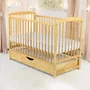 Patut din lemn bebe, 120x60 cm, Cu sertar cu capac, Din lemn de pin si mdf, Stabil si rezistent, Inaltime saltea reglabila pe 3 nivele, Laterala cu 3 bete detasabile, EN716-1, EN716-2, Natur, Babyneeds, Ola + Saltea 8 cm - 3