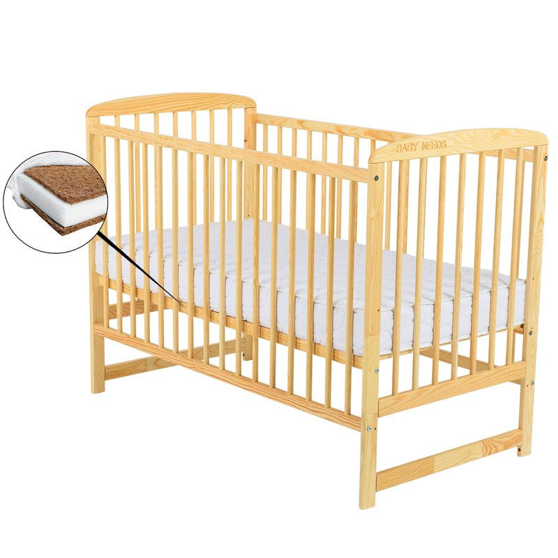Babyneeds - patut din lemn ola 120x60 cm, din lemn de pin, stabil si rezistent, inaltime saltea reglabila pe 3 nivele, laterala cu 3 bete detasabile, natur + saltea 10 cm