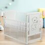 Patut din lemn bebe, 120x60 cm, Cu laterala culisanta, Din lemn de pin si mdf, Stabil si rezistent, Inaltime saltea reglabila pe 3 nivele, Laterala cu 3 bete detasabile, EN716-1, EN716-2, Alb, Babyneeds, Timmi - 7