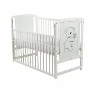 Patut din lemn bebe, 120x60 cm, Cu laterala culisanta, Din lemn de pin si mdf, Stabil si rezistent, Inaltime saltea reglabila pe 3 nivele, Laterala cu 3 bete detasabile, EN716-1, EN716-2, Alb, Babyneeds, Timmi