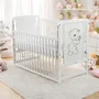 Patut din lemn bebe, 120x60 cm, Cu laterala culisanta, Din lemn de pin si mdf, Stabil si rezistent, Inaltime saltea reglabila pe 3 nivele, Laterala cu 3 bete detasabile, EN716-1, EN716-2, Alb, Babyneeds, Timmi + Saltea 12 cm - 5