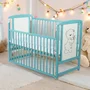 Patut din lemn bebe, 120x60 cm, Cu laterala culisanta, Din lemn de pin si mdf, Stabil si rezistent, Inaltime saltea reglabila pe 3 nivele, Laterala cu 3 bete detasabile, EN716-1, EN716-2, Mint, Babyneeds, Timmi + Saltea 8 cm - 2