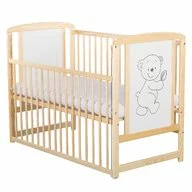 Patut din lemn bebe, 120x60 cm, Cu laterala culisanta, Din lemn de pin si mdf, Stabil si rezistent, Inaltime saltea reglabila pe 3 nivele, Laterala cu 3 bete detasabile, EN716-1, EN716-2, Natur, Babyneeds, Timmi