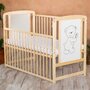 Patut din lemn bebe, 120x60 cm, Cu laterala culisanta, Din lemn de pin si mdf, Stabil si rezistent, Inaltime saltea reglabila pe 3 nivele, Laterala cu 3 bete detasabile, EN716-1, EN716-2, Natur, Babyneeds, Timmi + Saltea 10 cm - 4