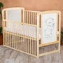 Patut din lemn bebe, 120x60 cm, Cu laterala culisanta, Din lemn de pin si mdf, Stabil si rezistent, Inaltime saltea reglabila pe 3 nivele, Laterala cu 3 bete detasabile, EN716-1, EN716-2, Natur, Babyneeds, Timmi + Saltea 10 cm - 4