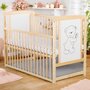 Patut din lemn bebe, 120x60 cm, Cu laterala culisanta, Din lemn de pin si mdf, Stabil si rezistent, Inaltime saltea reglabila pe 3 nivele, Laterala cu 3 bete detasabile, EN716-1, EN716-2, Natur, Babyneeds, Timmi + Saltea 12 cm - 2