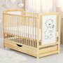 Patut din lemn bebe, 120x60 cm, Cu sertar cu capac, Din lemn de pin si mdf, Stabil si rezistent, Inaltime saltea reglabila pe 3 nivele, Laterala cu 3 bete detasabile, EN716-1, EN716-2, Natur, Babyneeds, Timmi + Saltea 12 cm - 3