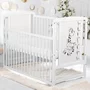 Patut din lemn bebe, 120x60 cm, Cu laterala culisanta, Din lemn de pin si mdf, Stabil si rezistent, Inaltime saltea reglabila pe 3 nivele, Laterala cu 3 bete detasabile, EN716-1, EN716-2, Alb, Babyneeds, Timmi Girafa + Saltea 8 cm - 2