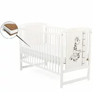 Patut din lemn bebe, 120x60 cm, Din lemn de pin si mdf, Stabil si rezistent, Inaltime saltea reglabila pe 3 nivele, Laterala cu 3 bete detasabile, EN716-1, EN716-2, Alb, Babyneeds, Timmi Girafa + Saltea 10 cm