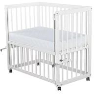 Patut co-sleeper, Qmini, Dalia, Multifunctional, 90x50 cm, Din lemn de pin, Reglabil pe orice treapta de inaltime la patul parintilor, Sistem de ancorare si roti cu frana incluse, Alb