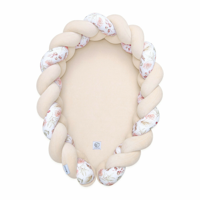 Babynest 2in1 pentru copii, cu margini impletite, din bumbac catifelat, sparrow velvet, almond flowers