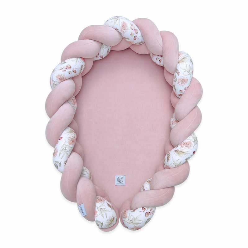 Babynest 2in1 pentru copii, cu margini impletite, din bumbac catifelat, sparrow velvet, powder pink flowers