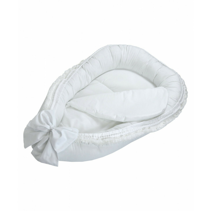 Babynest pentru copii, 86 x 50 cm, koell, boho, alb, cu ciucuri scurti, cu saltea suplimentara