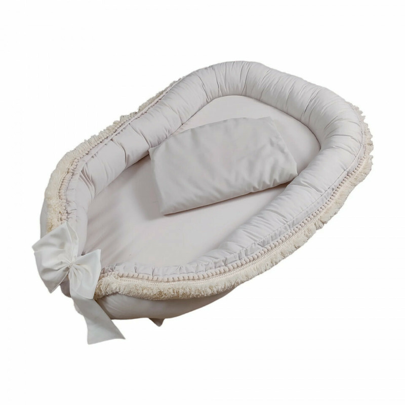 Babynest pentru copii, 86 x 50 cm, koell, boho, delicate beige, cu ciucuri scurti, cu saltea suplimentara
