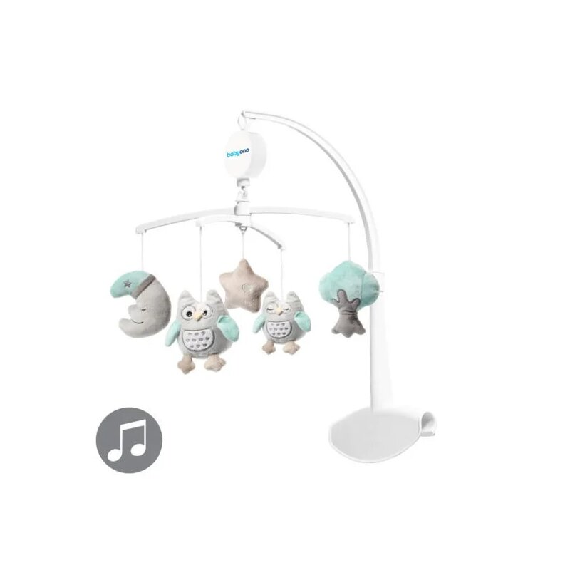 Babyono - carusel muzical pentru patuturi de lemn si patuturi pliante, cu bufnita sofia, multicolor