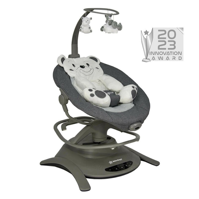 Balansoar, Bebe Stars, Swing, 2 in 1, Rotire 360 grade, Electric, Cu 6 moduri de leganare, Cu 5 trepte de viteza, Cu 3 pozitii de inclinare, Cu jucarii, Cu melodii, Pana la 18 kg, Confom cu EN62115, EN12790, Grey