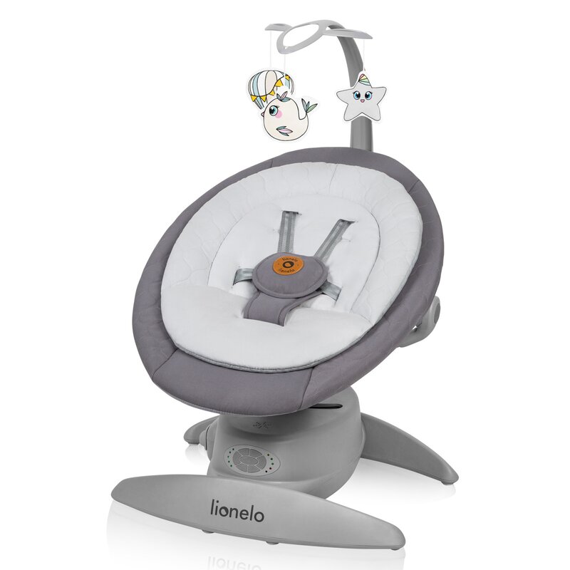 Balansoar, Lionelo, Mell, 2 in 1, Rotire 360 grade, Electric, Cu 3 moduri de leganare, Cu 5 trepte de viteza, Cu 3 pozitii de inclinare, Cu timer, 12 melodii si 2 sunete ale naturii, Pana la 9 kg, Gri, Resigilat