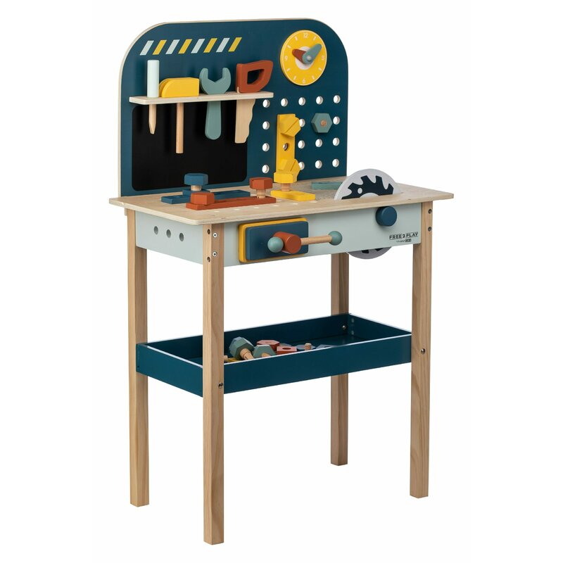 Banc de lucru, Free2Play, My first wooden Work Bench, Cu diverse unelte si accesorii, Pliabil, 55 x 28,5 x 85 cm, 36 luni+, Multicolor