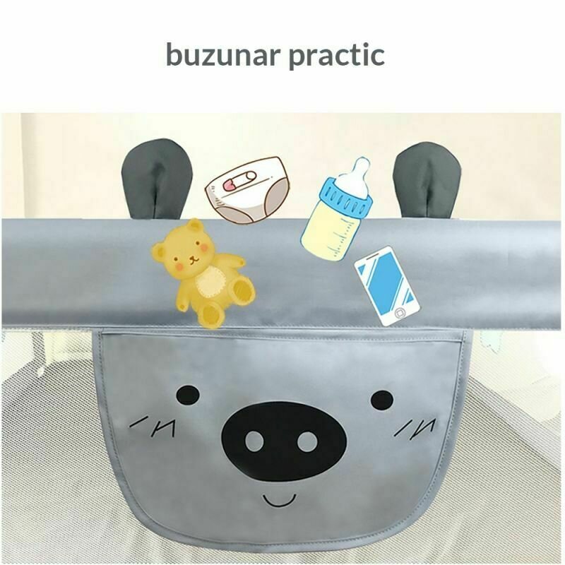 Primabobo - bariera protectie pat culisanta xxl 140 cm bears grey, inaltime reglabila 68-98 cm