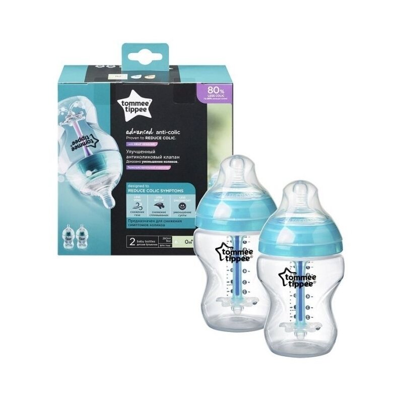 Set biberoane, Closer to nature, Advanced, Anticolici, Cu sistem de ventilatie, Cu senzor de caldura, Cu tetina din silicon moale, Fara BPA, 2x260 ml, Tommee Tippee, 0 luni+, Albastru