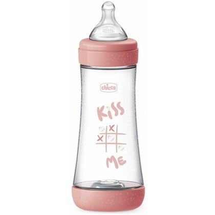 Biberon anti-colici, Chicco, Perfect 5, 300 ml, Tetina Physio din silicon Soft Sense, Flux rapid, Sistem Equilibrium, Baza detasabila, Fara BPA, 4 luni+, Roz